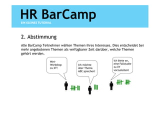 HR BarCamp
EIN KLEINES TUTORIAL



2. Abstimmung
Alle BarCamp Teilnehmer wählen Themen ihres Interesses. Dies entscheidet bei
mehr angebotenen Themen als verfügbarer Zeit darüber, welche Themen
gehört werden.

                   Mini-                                 Ich biete an,
                   Workshop        Ich möchte            eine Fallstudie
                   zu XY!          über Thema            zu XY
                                   ABC sprechen!         vorzustellen!
 