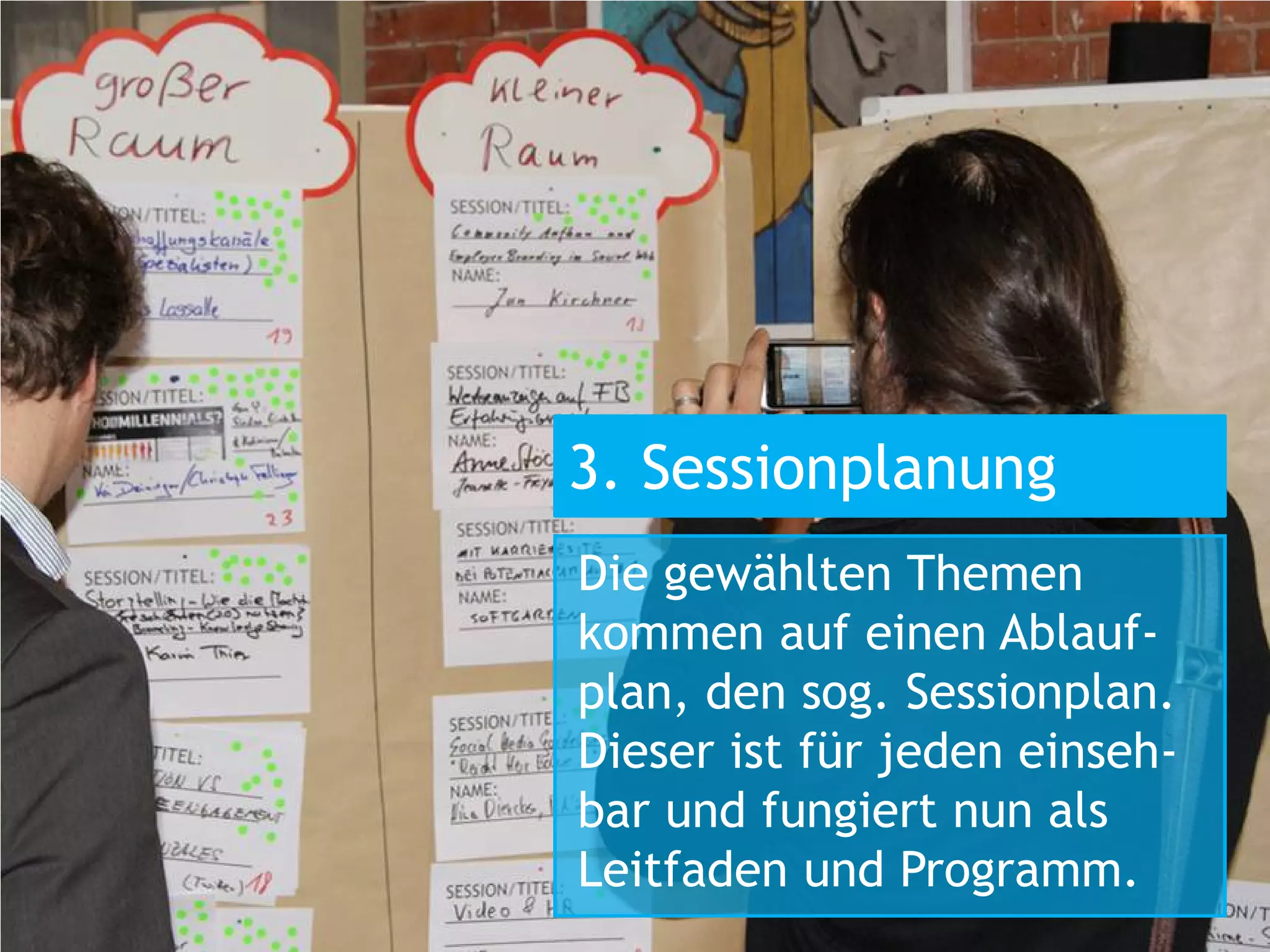 2. Abstimmung
Alle Teilnehmer ihre
Vorschläge vorgestellt
haben, wird abgestimmt.
Die Themen, die die
meisten Stimmen        3. Sessionplanung
bekommen haben,
                       Die gewählten Themen
werden in der Session-
                       kommen auf einen Ablauf-
planung berücksichtigt.
                       plan, den sog. Sessionplan.
                       Dieser ist für jeden einseh-
                       bar und fungiert nun als
                       Leitfaden und Programm.
 