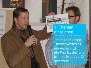1. Themen
einreichen
Jeder kann einen
Themenvorschlag
einreichen: „Ich
bin Max Muster und
ich möchte über XY
sprechen!“

 