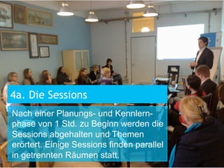 4a. Die Sessions
Nach einer Planungs- und Kennlernphase von 1 Std. zu Beginn werden die
Sessions abgehalten und Themen
erörtert. Einige Sessions finden parallel
in getrennten Räumen statt.

 