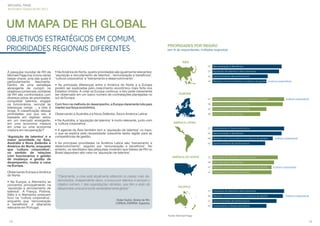 MICHAEL PAGE
Barômetro Global de RH 2013

UM MAPA DE RH GLOBAL
OBJETIVOS ESTRATÉGICOS EM COMUM,
PRIORIDADES REGIONAIS DIFERENTES

PRIORIDADES POR REGIÃO
(em % de respondentes, múltiplas respostas)

ÁSIA
55 Remuneração e Benefícios

A pesquisa mundial de RH da
Michael Page traz à tona várias
ideias-chave, uma das quais é
particularmente
fascinante.
Dentro de uma estratégia
abrangente de cumprir os
objetivos comerciais, os líderes
de RH são confrontados com
diversos pólos de prioridades:
conquistar talentos, engajar
os funcionários, recrutar as
lideranças certas ... a lista é
longa. A classiﬁcação dessas
prioridades, por sua vez, é
baseada em regiões: estou
em um mercado emergente,
em uma economia madura
em crise ou uma economia
madura em recuperação?
‘Aquisição de talentos’ é a
maior prioridade na Ásia,
Austrália e Nova Zelândia e
América do Norte, enquanto
que ‘cultura corporativa’,
no sentido de relações
com funcionários e gestão
de mudança e gestão de
desempenho, rouba a cena
na Europa.
Observando Europa e América
do Norte:
• Na Europa, a Alemanha se
concentra principalmente na
‘aquisição e recrutamento de
talentos’. A França, Polônia,
Itália e a Alemanha possuem
foco na ‘cultura corporativa’,
enquanto que ‘remuneração
e benefícios’ é altamente
relevante em Portugal.

53 Aquisição de talentos e Recrutamento

• Na América do Norte, quatro prioridades são igualmente relevantes:
‘aquisição e recrutamento de talentos’, ‘remuneração e benefícios’,
‘cultura corporativa’ e ‘treinamento e desenvolvimento’.

44 Gerenciamento de performance
43 Relação com funcionários e mudança de gestão (cultura corporativa)

• As principais diferenças entre a América do Norte e a Europa
podem ser explicadas pelo crescimento econômico mais forte nos
Estados Unidos. A crise na Europa continua, e isto pode claramente
ser observado em um baixo número de contratações planejadas no
sul da Europa.

EUROPA
57 Relação com funcionários e mudança de gestão

Com foco na melhoria do desempenho, a Europa claramente luta para
manter sua força econômica.

56 Gerenciamento de performance

Observando a Austrália e a Nova Zelândia, Ásia e América Latina:

(cultura corporativa)

38 Remuneração e Benefícios

• Na Austrália, a ‘aquisição de talentos’ é muito relevante, junto com
a ‘cultura corporativa’.

43 Treinamento e Desenvolvimento

AMÉRICA LATINA
57 Treinamento e Desenvolvimento

• A agenda da Ásia também tem a ‘aquisição de talentos’ no topo,
o que se explica pela necessidade crescente desta região para as
competências de gestão.

55 Remuneração e Benefícios
48 Relação com funcionários e mudança de gestão

• As principais prioridades na América Latina são ‘treinamento e
desenvolvimento’, seguido por ‘remuneração e benefícios’. No
entanto, os resultados das pesquisas mostram que líderes de RH no
Brasil depositam alto valor na ‘aquisição de talentos’.

(cultura corporativa)

42 Gerenciamento de performance

AMÉRICA DO NORTE

52 Aquisição de talentos e Recrutamento
49 Remuneração e Benefícios
47 Relação com funcionários e mudança de gestão

(cultura corporativa)

47 Treinamento e Desenvolvimento

“Claramente, a crise está atualmente afetando os países mais desenvolvidos. Independente disso, a busca por talentos é sempre o
objetivo número 1 das organizações otimistas, que têm a visão de
desenvolver uma economia verdadeiramente global.”

PACÍFICO
57 Aquisição de talentos e Recrutamento
56 Relação com funcionários e mudança de gestão

Didier Guillot, Diretor de RH,
L’OREAL ESPAÑA, Espanha.

(cultura corporativa)

51 Gerenciamento de performance
43 Treinamento e Desenvolvimento

Fonte: Michael Page

12

13

 