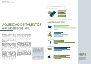 MICHAEL PAGE
Barômetro Global de RH 2013

PLANEJANDO CONTRATAR EM 2013
(em % de respondentes)
91 Ásia
76 Europa
90 América Latina
90 América do Norte
91 Pacíﬁco

PARÂMETROS MENSURADOS PARA GARANTIR
A EFICIÊNCIA DO RECRUTAMENTO
(em % de respondentes; múltiplas respostas)

AQUISIÇÃO DE TALENTOS

ÁSIA
53 Número de contratações
49 Número de vagas

UMA NECESSIDADE VITAL

75 Tempo necessário para fechar a posição
14 Não mensurada

EUROPA
31 Número de contratações

Um desaﬁo importante de RH
permanece constante em todo o
mundo: o processo de encontrar
executivos talentosos e os
conquistar continua a ser tarefas
inerentes aos departamentos de
RH, colocando a aquisição de
talentos no topo da agenda do
líder de RH.
Mesmo que a tarefa de aquisição
e recrutamento de talentos não
ocupe o primeiro lugar em todos
os países, muitas empresas
continuarão com os planos de
recrutamento em 2013 – com
90% das empresas fora da
Europa contratando.
O quadro na Europa é misto,
com apenas 76% de empresas
planejando
contratar
e
diferenças marcantes entre
os países. O crescimento
econômico sombrio no sul da
Europa reﬂete-se em poucas
intenções de contratação na
Itália, Espanha e Portugal.

24 Número de vagas

Maiores intenções de contratação
no Reino Unido, Alemanha, França
e Benelux poderiam ser tanto
um indicador de uma estratégia
de substituição de funcionários
mais velhos quanto um sinal de
preparação para o crescimento.

49 Tempo necessário para fechar a posição
30 Não mensurada

AMÉRICA LATINA
33 Número de contratações
33 Número de vagas

• Na Europa, os mais altos níveis
de contratação (96%) serão
para cargos permanentes, com
a Rússia liderando, seguida de
perto pela Turquia (95%), Reino
Unido (91%) e Alemanha (91%).
• A América do Norte está
deﬁnitivamente se preparando
para o crescimento que já
está acontecendo: há menos
contratações planejadas para
cargos temporários (cerca de
30%) e projetos provisórios (cerca
de 20%).

72 Tempo necessário para fechar a posição
14 Não mensurada

AMÉRICA DO NORTE

“Aquisição de Talentos
é uma prioridade chave
na Alliance Boots, e o
objetivo principal é a expansão/crescimento do
negócio.”

56 Número de contratações
44 Número de vagas
54 Tempo necessário para fechar a posição
27 Não mensurada

PACÍFICO
54 Número de contratações

Carmelo Spinella, Diretor de
Recursos Humanos, Alliance
Healthcare_Alliance Boots
Group, Itália

41 Número de vagas
54 Tempo necessário para fechar a posição
25 Não mensurada

90%
das companhias fora
da Europa planejam
contratar em 2013

Fonte: Michael Page

14

15

 