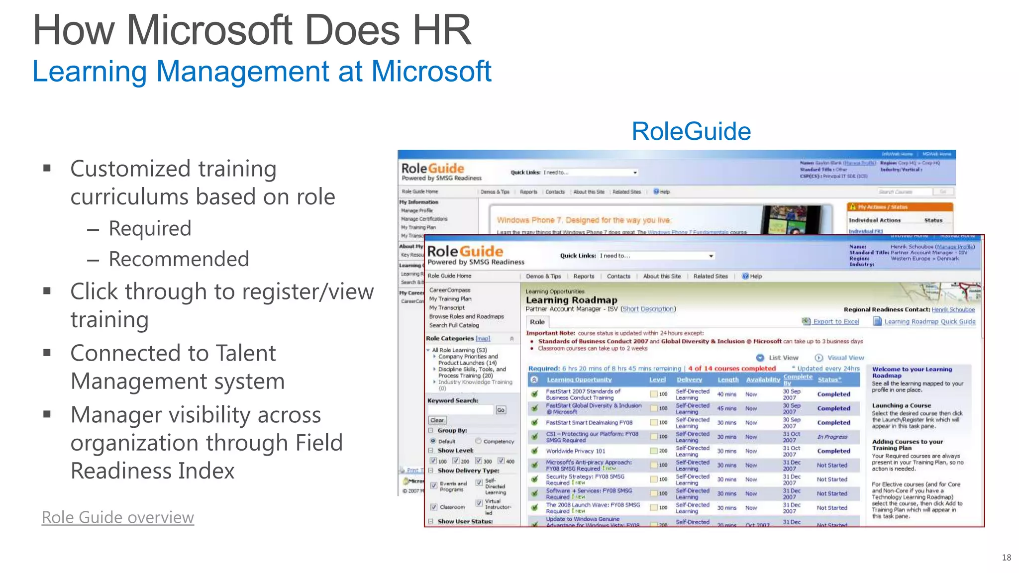 How Microsoft Does HR
18
Learning Management at Microsoft
RoleGuide
 Customized training
curriculums based on role
– Required
– Recommended
 Click through to register/view
training
 Connected to Talent
Management system
 Manager visibility across
organization through Field
Readiness Index
Role Guide overview
 