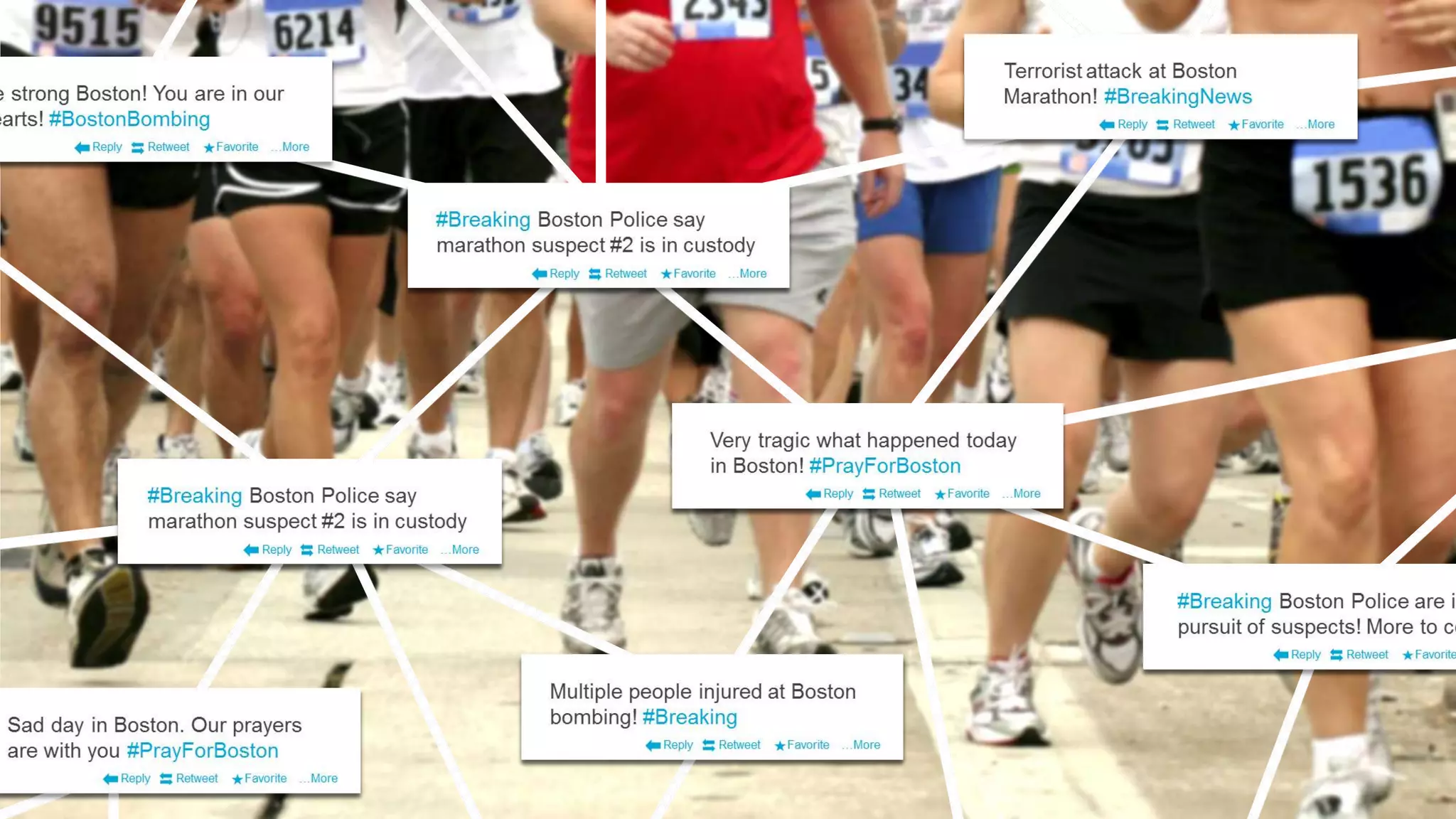 #Breaking Boston Police say
marathon suspect #2 is in custody
Reply Retweet Favorite …More
Terrorist attack at Boston
Marathon! #BreakingNews
Reply Retweet Favorite …More
Very tragic what happened today
in Boston! #PrayForBoston
Reply Retweet Favorite …More#Breaking Boston Police say
marathon suspect #2 is in custody
Reply Retweet Favorite …More
Sad day in Boston. Our prayers
are with you #PrayForBoston
Reply Retweet Favorite …More
Multiple people injured at Boston
bombing! #Breaking
Reply Retweet Favorite …More
#Breaking Boston Police are in
pursuit of suspects! More to co
Reply Retweet Favorite
e strong Boston! You are in our
earts! #BostonBombing
Reply Retweet Favorite …More
 