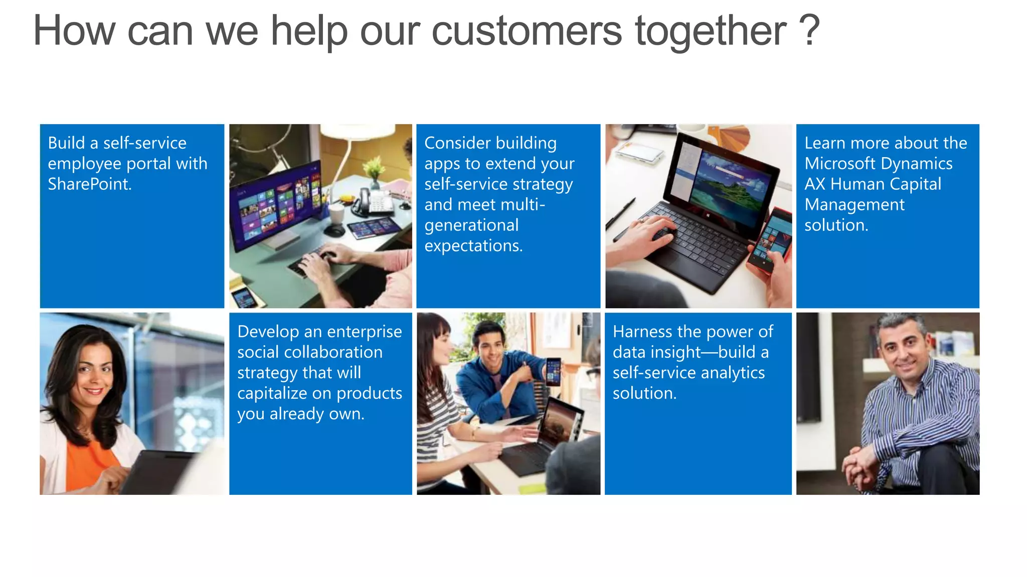 How can we help our customers together ?
Consider building
apps to extend your
self-service strategy
and meet multi-
generational
expectations.
Build a self-service
employee portal with
SharePoint.
Develop an enterprise
social collaboration
strategy that will
capitalize on products
you already own.
Harness the power of
data insight—build a
self-service analytics
solution.
Learn more about the
Microsoft Dynamics
AX Human Capital
Management
solution.
 