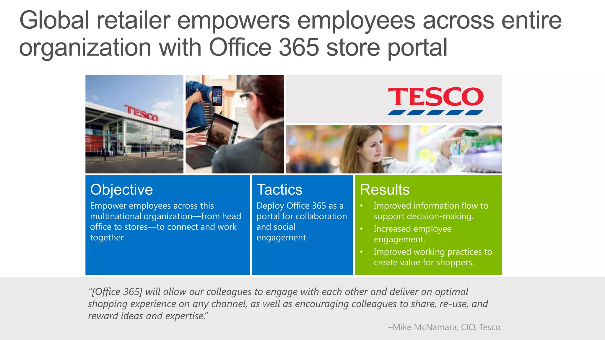Global retailer empowers employees across entire
organization with Office 365 store portal
Objective
Empower employees across this
multinational organization—from head
office to stores—to connect and work
together.
Tactics
Deploy Office 365 as a
portal for collaboration
and social
engagement.
Results
• Improved information flow to
support decision-making.
• Increased employee
engagement.
• Improved working practices to
create value for shoppers.
“[Office 365] will allow our colleagues to engage with each other and deliver an optimal
shopping experience on any channel, as well as encouraging colleagues to share, re-use, and
reward ideas and expertise.”
–Mike McNamara, CIO, Tesco
 