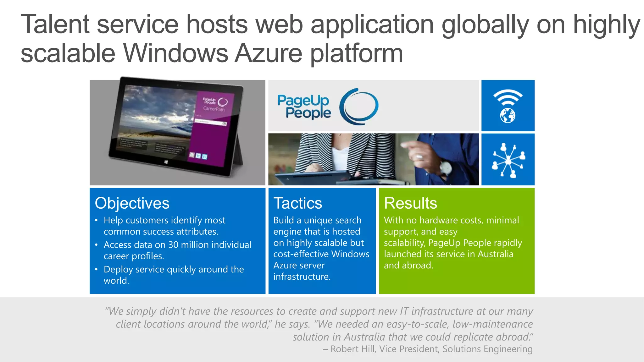 Talent service hosts web application globally on highly
scalable Windows Azure platform
Objectives
• Help customers identify most
common success attributes.
• Access data on 30 million individual
career profiles.
• Deploy service quickly around the
world.
Tactics
Build a unique search
engine that is hosted
on highly scalable but
cost-effective Windows
Azure server
infrastructure.
Results
With no hardware costs, minimal
support, and easy
scalability, PageUp People rapidly
launched its service in Australia
and abroad.
“We simply didn’t have the resources to create and support new IT infrastructure at our many
client locations around the world,” he says. “We needed an easy-to-scale, low-maintenance
solution in Australia that we could replicate abroad.”
– Robert Hill, Vice President, Solutions Engineering
 