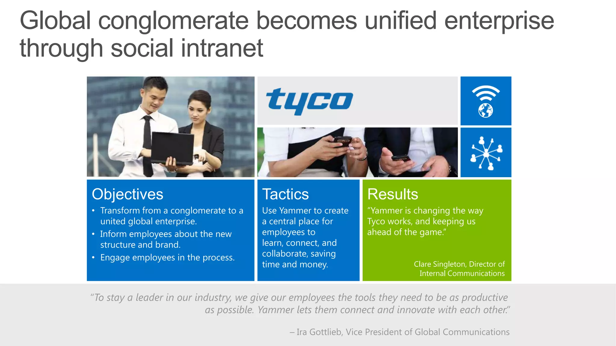 Global conglomerate becomes unified enterprise
through social intranet
Objectives
• Transform from a conglomerate to a
united global enterprise.
• Inform employees about the new
structure and brand.
• Engage employees in the process.
Tactics
Use Yammer to create
a central place for
employees to
learn, connect, and
collaborate, saving
time and money.
Results
―Yammer is changing the way
Tyco works, and keeping us
ahead of the game.‖
“To stay a leader in our industry, we give our employees the tools they need to be as productive
as possible. Yammer lets them connect and innovate with each other.”
– Ira Gottlieb, Vice President of Global Communications
Clare Singleton, Director of
Internal Communications
 