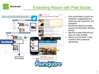 10
Extending Reach with Paid Social
• Paid social helps us grow our
database, engagement and
relevance with customers and
prospects
• Social ads reference trusted
sources of information (friends,
family)
• Become trusted referrals and
seen as more credible
• Allows us to be there “in the
moment” with contextual
advertising.
 