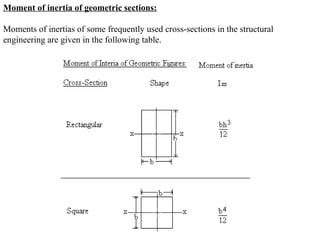 Moment of inertia of geometric sections:
Moments of inertias of some frequently used cross-sections in the structural
engineering are given in the following table.
 