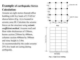 Example of earthquake forces
Calculation:
Assume an eight stories framed office
building with live loads of 2.5 kN/m2
shown below (Fig. A) is located in
seismic zone III. Calculate the seismic
forces on the structure using seismic
coefficient method. Assume roof and
floor slabs thicknesses of 150mm,
beams section 250mm by 400mm,
columns section 400mm by 500mm
and story height is 3.0m.
As recommended by the codes assume
25% live loads are acting during
earthquake.
 