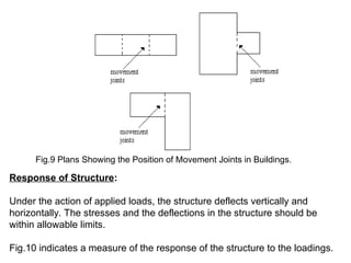 Fig.9 Plans Showing the Position of Movement Joints in Buildings.
Response of Structure:
Under the action of applied loads, the structure deflects vertically and
horizontally. The stresses and the deflections in the structure should be
within allowable limits.
Fig.10 indicates a measure of the response of the structure to the loadings.
 