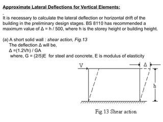 Approximate Lateral Deflections for Vertical Elements:
It is necessary to calculate the lateral deflection or horizontal drift of the
building in the preliminary design stages. BS 8110 has recommended a
maximum value of Δ = h / 500, where h is the storey height or building height.
(a) A short solid wall : shear action, Fig.13
The deflection Δ will be,
Δ =(1.2Vh) / GA
where, G = (2/5)E for steel and concrete, E is modulus of elasticity
 