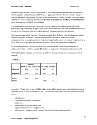 HR Business Partner … Ma cosa fà? Domenico Famà
12
e.book 1: Progetta il Tuo Ruolo, Maggio 2016
Anche in ragione di questa ultima caratteristica, gli attori fondamentali della Gestione del personale
sono il capo ed il collaboratore; con il BPHR come supporto, facilitatore, stimolo, advocate etc., ora
dell’una ora dell’altra dimensione, tanto più efficacemente quanto riesce a catturare in anticipo segnali
deboli e trend (da cui il corollario di adeguate presenza fisica e capacità di lettura/ interpretazione da
parte degli operatori HR, BPHR in particolare).
Il passo successivo è consistito nel riesaminare come si era caratterizzata la gestione nel periodo
precedente (segue un esempi di applicazione in una area commerciale con punti di vendita distribuiti sul
territorio, che nel seguito chiameremo Distribuzione) e su quali lezioni si erano apprese.
Nel precedente periodo di esercizio, l’obiettivo principale della Gestione nella Distribuzione era stato
quello di sviluppare modalità e canali informativi che assicurassero ai BPHR una capacità
progressivamente sempre più autonoma di valutare i singoli collaboratori e le situazioni organizzative (a
tutti i livelli in cui si articola la funzione Distribuzione, a partire dal singolo punto di vendita).
Lo strumento principale è stato quello delle visite nei point of sale e dei colloqui individuali coi
collaboratori (vedere anche il paragrafo 2.1 Realizza un programma “Conosci il tuo cliente interno”)
Nella Tabella 1 sono riportate le dimensioni quantitative di questa attività nel periodo precedente al
riesame.
Tabella 1
In media, il 67% dei point of sale ed il 63% del personale di Distribuzione sono stati visitati almeno una
volta nell’arco di un anno ed almeno una volta i collaboratori in organico sono stati intervistati su temi
come:
- Attività svolta
- Competenze possedute e loro livello
- Motivazione
- Aspettative di sviluppo professionale
- Rapporti interpersonali sul luogo di lavoro
- Adattamento a riorganizzazioni/ chiusure/ spostamenti relativi ai punti vendita.
Points of sale Personale Ore (min) GG (min)
Regione A 62% 54% 117 23
Regione B 74% 74% 151 30
Media 67% 63%
Totale 268 53
Copertura
 