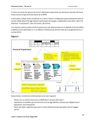 HR Business Partner … Ma cosa fà? Domenico Famà
20
e.book 1: Progetta il Tuo Ruolo, Maggio 2016
Ci siamo resi conto che ognuno dei termini sottolineati andava letto con attenzione, facendo riferimenti
molto concreti al tipo di servizio atteso da un BPHR.
In particolare, andava anche considerato se e come il cliente si configurasse quale partecipante attivo al
servizio. Molte attività HR oggi vedono la partecipane di manager e collaboratori come attori, attori che
diventano “co-produttori”, oltre che fruitori, del servizio.
Una ulteriore conferma della criticità di questi punti, per determinazione di un Modello di Servizio BPHR,
la abbiamo avuta dalla Figura 5, in cui abbiamo sintetizzato gli elementi base per la progettazione di un
servizio (Rif.2).
Figura 5
Riassumendo, i concetti da contestualizzare sono stati i seguenti:
- Clienti, chi è un cliente interno per un BPHR (fare il riesame della lista) ?
- Aspettative, le modalità e gli strumenti che sino ad oggi abbiamo utilizzato per indagarle (sono
appropriati, sono tempestivi)?
- Valore percepito, sappiamo quali sono le nostre attività ad essere percepite come di maggior
valore?
 