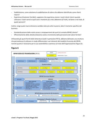 HR Business Partner … Ma cosa fà? Domenico Famà
21
e.book 1: Progetta il Tuo Ruolo, Maggio 2016
- Soddisfazione, come valutiamo la soddisfazione di coloro che abbiamo identificato come clienti
interni?
- Esperienza (Customer Corridor), sappiamo che esperienza vivono i nostri clienti interni quando
utilizzano i nostri servizi e quali sono i momenti più critici (Moment of Truth), nel bene e nel male, di
questi percorsi?
Inoltre, lungo quale macro-direzione sarebbe stato più utile muoversi, dato il momento specifico del
business:
- Standardizzazione delle nostre prassi o empowerment dei punti di contatto BPHR/ cliente?
- Efficientamento delle attività (riduzione costi) o incremento della percezione del valore fornito?
Utilizzando gli spunti forniti dalla letteratura (vedi in particolare Rif.4), abbiamo delineato una struttura
che permettesse di collocare in modo differenziato i vari elementi del modello di servizio del BPHR,
nonché quanto è necessario per la sua sostenibilità e coerenza col resto dell’organizzazione (Figura 6).
Figura 6
 