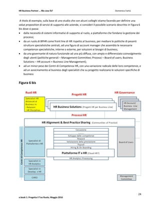 HR Business Partner … Ma cosa fà? Domenico Famà
24
e.book 1: Progetta il Tuo Ruolo, Maggio 2016
A titolo di esempio, sulla base di uno studio che con alcuni colleghi stiamo facendo per definire una
value proposition di servizi di supporto alle aziende, si consideri il possibile scenario descritto in Figura 6
bis dove si passa:
 dalla necessità di sistemi informativi di supporto al ruolo, a piattaforme che fondano la gestione dei
processi;
 da un ruolo di BPHR come front line di HR rispetto al business, per mediare le politiche di pesanti
strutture specialistiche centrali, ad una figura di account manager che assembla le necessarie
competenze specialistiche, interne o esterne, per soluzioni ai bisogni di business;
 da una governante di natura funzionale ad una più diffusa, con ampio e differenziato coinvolgimento
degli utenti (politiche generali – Management Committee; Processi – Board of users; Business
Solutions – HR account + Business Line Management);
 ad un minor peso dei Centri di Competenza HR, con una variazione radicale delle loro competenze, e
ad un avvicinamento al business degli specialisti che su progetto realizzano le soluzioni specifiche di
business
Figura 6 bis
 
