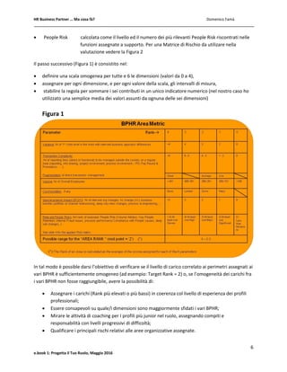 HR Business Partner … Ma cosa fà? Domenico Famà
6
e.book 1: Progetta il Tuo Ruolo, Maggio 2016
 People Risk calcolata come il livello ed il numero dei più rilevanti People Risk riscontrati nelle
funzioni assegnate a supporto. Per una Matrice di Rischio da utilizare nella
valutazione vedere la Figura 2
Il passo successivo (Figura 1) è consistito nel:
 definire una scala omogenea per tutte e 6 le dimensioni (valori da 0 a 4),
 assegnare per ogni dimensione, e per ogni valore della scala, gli intervalli di misura,
 stabilire la regola per sommare i sei contributi in un unico indicatore numerico (nel nostro caso ho
utilizzato una semplice media dei valori assunti da ognuna delle sei dimensioni)
Figura 1
In tal modo è possible darsi l’obiettivo di verificare se il livello di carico correlato ai perimetri assegnati ai
vari BPHR è sufficientemente omogeneo (ad esempio: Target Rank = 2) o, se l’omogeneità dei carichi fra
i vari BPHR non fosse raggiungibile, avere la possibilità di:
 Assegnare i carichi (Rank più elevati o più bassi) in coerenza col livello di esperienza dei profili
professionali;
 Essere consapevoli su quale/i dimensioni sono maggiormente sfidati i vari BPHR;
 Mirare le attività di coaching per I profili più junior nel ruolo, assegnando compiti e
responsabilità con livelli progressivi di difficoltà;
 Qualificare i principali rischi relativi alle aree organizzative assegnate.
 