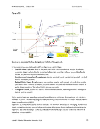HR Business Partner … ma cosa fa? Domenico Famà
e.book 5: Riduzioni di Organico – Settembre 2016 20
Tabella 13
Secondo una diffusa opinione corrente, questo progressivo invecchiamento della popolazione aziendale
prospetta un rischio di peggioramento della motivazione e quindi della prestazione del segmento più
maturo.
Al di là dei molti stereotipi che si sono affermati su questo tema, nella nostra esperienza un rischio di
calo motivazione/ prestazione in qualche modo correlabile a fenomeni di aging si concretizza solo in due
modi:
 Per demotivazione a causa di eccessiva permanenza nello stesso ruolo (In Role Aging);
 Per obsolescenza delle competenze individuali (Individual Competency Aging).
Come si vede, nessuno dei due fenomeni è legato di per sè all’età anagrafica, bensì alle modalità con cui
sono gestite da un lato i percorsi professionali e dall’altro l’evoluzione delle competenze.
Le dinamiche gestionali “lente” o statiche sono la causa del manifestarsi di questi rischi.
Evidenziare un loro legame con l’età anagrafica del collaboratore sta solo a dire in modo diverso che il
passare del tempo aggrava le conseguenze di queste politiche inadeguate.
L’utilizzo sistematico e preventivo dei cambi mansione appare uno strumento fondamentale per
anticipare entrambi i rischi concreti di aging a noi noti.
Vale la pena segnalare che opportuno che questo strumento sia integrato in una visione più completa e
ampia della gestione della motivazione professionale e dell’aggiornamento delle competenze.
Una visione del tipo Lifelong Competence Evolution (Figura 33) che permetta di affrontare il tema
dell’evoluzione dei bisogni di competenza per uno spettro di cause, più ampio rispetto al solo aging (nel
ruolo o di competenza) , come cambi di strategia, di tecnologia, ecc. ovvero di change in generale.
 