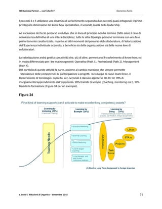 HR Business Partner … ma cosa fa? Domenico Famà
e.book 5: Riduzioni di Organico – Settembre 2016 21
Figura 33
Cenni su un approccio Lifelong Competence Evolution Management.
In figura sono rappresentati quattro differenti percorsi evolutivi-tipo:
• Diversificazione Operativa (Path 1: flat path), nei casi in cui vi siano limitati margini di sviluppo
personale, sia per ragioni di scelta personale (ad esempio perchè prevalgono le priorità della vita
privata), sia per limiti di potenziale individuale;
• Ampliamento/ Integrazione Professionale, tramite un mix di cambi mansione orizzontali - verticali
(Path 2: horizontal growth);
• Subject Matter Expert Growth, ovvero una continua crescita professionale nel medesimo ambito
specialistico sino a livelli di eccellenza, dove l’eccellenza ha come riferimento il mercato esterno di
quella data professione/ disciplina (Path 3: deepness growth)
• Managerial Growth, ovvero una crescita principalmente verticale, nelle responsabilità manageriali
(Path 4: vertical growth)
Tutti e quattro i percorsi prevedono un qualche cambiamento nel tempo di competenze e/o mansioni,
fra l’altro aiutando a mantenere adeguata la Employability del collaboratore, sia verso il mercato interno
sia verso quello esterno (Rif.1).
Il percorso 1, punta alla rotazione dei ruoli operativi per eliminare il rischio di in role aging, mantenendo
viva la motivazione tramite una periodica riattivazione dei processi di apprendimento ed adattamento.
Il percorso 2 è dello stesso tipo anche se punta ad arricchimenti di più elevato contenuto in termini di
know how e responsabilità.
 