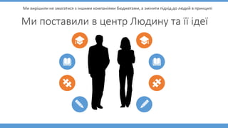 Ми поставили в центр Людину та її ідеї
Ми вирішили не змагатися з іншими компаніями бюджетами, а змінити підхід до людей в...