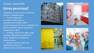 Початок - лютий 2018
Підтримка аспектів, що стосуються
цінності співробітників
 Гігієнічні фактори:
конкурентний рівень з...