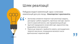 Шлях реалізації
01
02
03
04
Побудова моделі компетенцій: одна з ключових
компетенцій для усіх посад - Новаторство і креати...