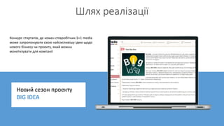 Шлях реалізації
Конкурс стартапів, де кожен співробітник 1+1 media
може запропонувати свою найсміливішу ідею щодо
нового б...