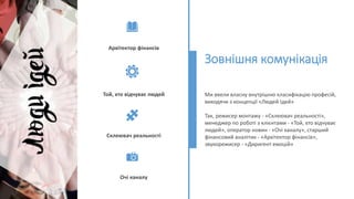 Архітектор фінансів
Той, хто відчуває людей
Склеювач реальності
Очі каналу
Зовнішня комунікація
Ми ввели власну внутрішню ...