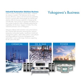Industrial automation Solutions Business
When it comes to managing a process plant – whatever              Yokogawa’s Business
the industry or product – the objectives are the same.
Increase efficiency, reduce cost and maximize profitability.
Envision a process plant where people are watchful and
attentive while the business responds to change quickly
and efficiently. Now picture an operation that delivers non-
stop on-spec production while confidently expanding the
capabilities into the future. Imagine no further. This is the
industrial automation vision of Yokogawa.

Yokogawa delivers total automation and control solutions
that comprise field instruments measuring flow, pressure,
temperature and product quality – production control and
management systems – plant safety systems – and software
technology platforms for process management and
optimization – and a wide range of services supporting
the life cycle of the plant.


          ChEMICAl                                    OIl & GAS          POwER
 
