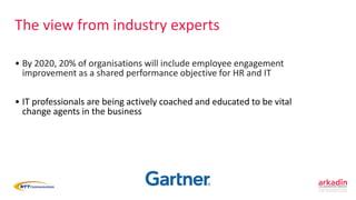 The view from industry experts
• By 2020, 20% of organisations will include employee engagement
improvement as a shared performance objective for HR and IT (
• IT professionals are being actively coached and educated to be vital
change agents in the business
• Gartner)
 