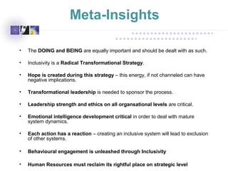 • The DOING and BEING are equally important and should be dealt with as such.
• Inclusivity is a Radical Transformational Strategy.
• Hope is created during this strategy – this energy, if not channeled can have
negative implications.
• Transformational leadership is needed to sponsor the process.
• Leadership strength and ethics on all organsational levels are critical.
• Emotional intelligence development critical in order to deal with mature
system dynamics.
• Each action has a reaction – creating an inclusive system will lead to exclusion
of other systems.
• Behavioural engagement is unleashed through Inclusivity
• Human Resources must reclaim its rightful place on strategic level
Meta-Insights
 
