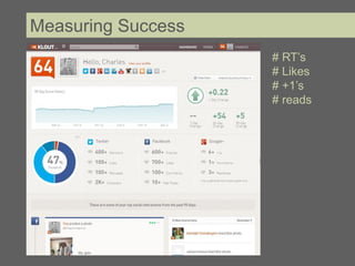 Measuring Success
                    # RT’s
                    # Likes
                    # +1’s
                    # reads
 