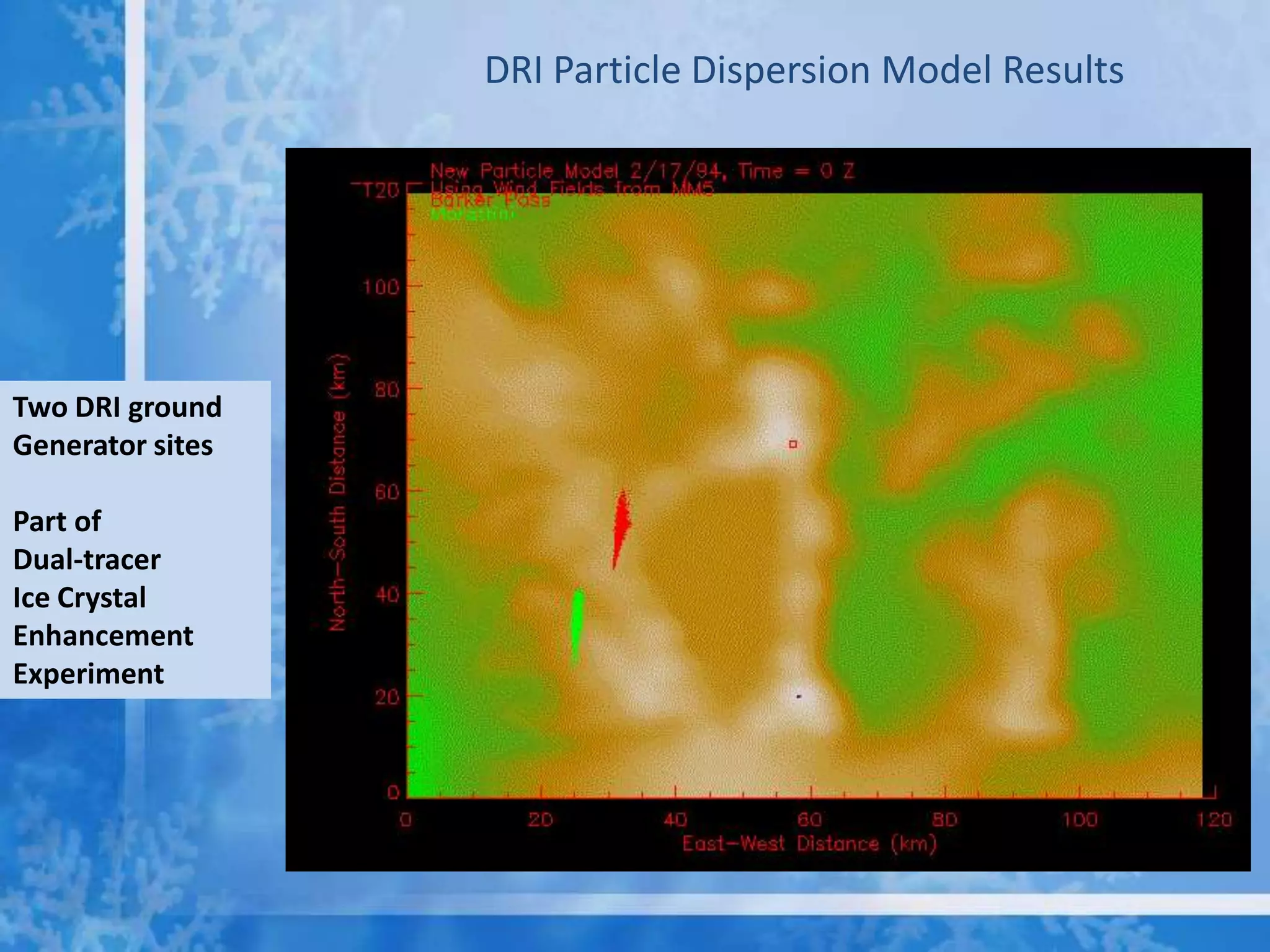DRI Particle Dispersion Model Results




Two DRI ground
Generator sites

Part of
Dual-tracer
Ice Crystal
Enhancement
Experiment
 