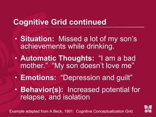 I.C.E. (Steps 4-5) I dentify and rate the thought:  “I’ve missed so many of my son’s achievements because of drinking.  I I am a bad mother.”  truthfulness rating = 90% (of the time) C hallenge the thought: I didn’t attend a single one of his basketball games last season, when all the other mothers were there. I realized I had a problem and sought treatment; If I am sober I can be there for him from now on. He did poorly in math class because I wasn’t there to help him with his homework. I have made sure he always had a roof over his head and food on his plate. I couldn’t chaperone his class field trip because I didn’t want anyone to see me with the shakes. I’ve always made sure to tell him he is loved and that he is an extraordinary person. EVIDENCE FOR EVIDENCE AGAINST 