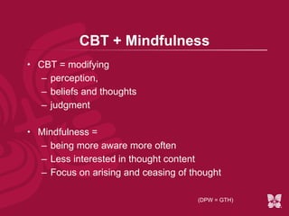 Cognitive Grid continued Situation:  Missed a lot of my son’s achievements while drinking. Automatic Thoughts:  “I am a bad mother.”  “My son doesn’t love me” Emotions:  “Depression and guilt” Behavior(s):  Increased potential for isolation, self-sabotage, and relapse 