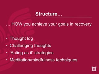 Accountability… … for WHAT you are responsible in recovery Understanding your thoughts Identifying thinking patterns Willingness to change ineffective thinking 