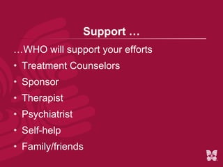 Structure…  … HOW you achieve your goals in recovery Thought log Challenging thoughts ‘Acting as if’ strategies Meditation/mindfulness techniques 