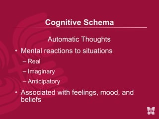 Cognition How thoughts are: Formed Maintained  Discontinued Intensity of thoughts 