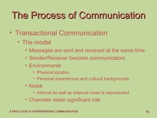1010A FIRST LOOK AT INTERPERSONAL COMMUNICATIONA FIRST LOOK AT INTERPERSONAL COMMUNICATION
The Process of CommunicationThe Process of Communication
• Transactional Communication
• The model
• Messages are sent and received at the same time
• Sender/Receiver become communicators
• Environments
• Physical location
• Personal experiences and cultural backgrounds
• Noise
• Internal as well as external noise is represented
• Channels retain significant role
 