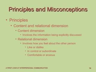 1414A FIRST LOOK AT INTERPERSONAL COMMUNICATIONA FIRST LOOK AT INTERPERSONAL COMMUNICATION
Principles and MisconceptionsPrinciples and Misconceptions
• Principles
• Content and relational dimension
• Content dimension
• Involves the information being explicitly discussed
• Relational dimension
• Involves how you feel about the other person
• Like or dislike
• In control or subordinate
• Comfortable or anxious
 