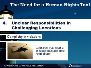 The Need for a Human Rights Tool


4.                  Reputational Risk and
        Unclear Responsibilities in
                    Non-Technical Risk
        Challenging Locations

     Complicity in violations


                         Companies may assist in
                         or benefit from host state
                         rights abuses
 