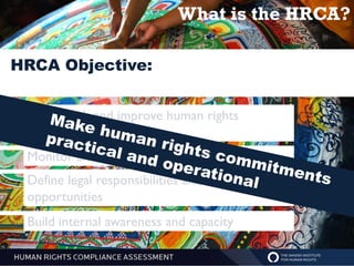 What is the HRCA?

HRCA Objective:


 Benchmark and improve human rights
 performance
 Monitor and report performance
 Define legal responsibilities and development
 opportunities
 Build internal awareness and capacity
 