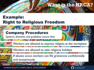 What is the HRCA?

Example:
Right to Religious Freedom

 Company Procedures
 Systems, directives and guidelines ensure that:

        Workers are allowed to express religion at the workplace
        Workers are allowed to take religious holidays
        If abuses occur, workers can file grievances confidentially
        and anonymously
 