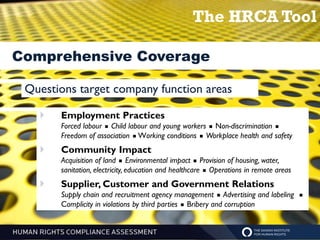 The HRCA Tool

Comprehensive Coverage

 Questions target company function areas

      Employment Practices
       Forced labour  Child labour and young workers  Non-discrimination 
       Freedom of association  Working conditions  Workplace health and safety
      Community Impact
       Acquisition of land  Environmental impact  Provision of housing, water,
       sanitation, electricity, education and healthcare  Operations in remote areas
      Supplier, Customer and Government Relations
       Supply chain and recruitment agency management  Advertising and labeling        
       Complicity in violations by third parties  Bribery and corruption
 