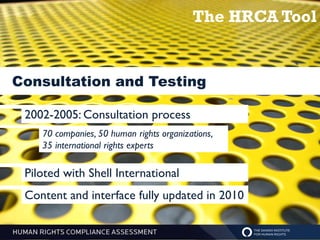 The HRCA Tool


Consultation and Testing

 2002-2005: Consultation process
    70 companies, 50 human rights organizations,
    35 international rights experts

 Piloted with Shell International
 Content and interface fully updated in 2010
 