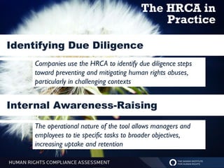 The HRCA in
                                             Practice

Identifying Due Diligence
     Companies use the HRCA to identify due diligence steps
     toward preventing and mitigating human rights abuses,
     particularly in challenging contexts


Internal Awareness-Raising
     The operational nature of the tool allows managers and
     employees to tie specific tasks to broader objectives,
     increasing uptake and retention
 