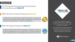 The International Public Management
Association for Human Resources (IPMA-HR) is
the leading public sector human resource
organization in the world.
Since 1906, IPMA-HR has been a resource for
comprehensive and timely HR industry news,
jobs, policies, resources, education, and
professional development opportunities.
The International Public Management Association
for Human Resources IPMA-HR
IPMA-HR Senior Certified Professional IPMA-SCP
The IPMA-HR Senior Certified Professional (IPMA-SCP) designation is for public sector
human resources professionals who have reached an advanced level in their career. This
certification is for managers, directors, and executive level management.
The IPMA-HR Certified Professional (IPMA-CP) designation is designed for entry-level and
mid-level HR professionals who work in the public sector. This certification provides the
skills and knowledge required for successful performance in public sector human resources.
IPMA-HR Certified Professional IPMA-CP
IPMA-HR.orgWWW
10
General HR
 