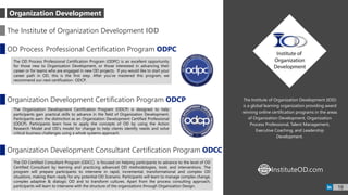 The Institute of Organization Development (IOD)
is a global learning organization providing award
winning online certification programs in the areas
of Organization Development, Organization
Process Professional, Talent Management,
Executive Coaching, and Leadership
Development.
The Institute of Organization Development IOD
Organization Development
OD Process Professional Certification Program ODPC
The OD Process Professional Certification Program (ODPC) is an excellent opportunity
for those new to Organization Development, or those interested in advancing their
career or for teams who are engaged in new OD projects. If you would like to start your
career path in OD, this is the first step. After you’ve mastered this program, we
recommend our next certification- ODCP.
Organization Development Certification Program ODCP
The Organization Development Certification Program (ODCP) is designed to help
participants gain practical skills to advance in the field of Organization Development.
Participants earn the distinction as an Organization Development Certified Professional
(ODCP). Participants learn how to apply the concepts of OD by using the Action
Research Model and OD’s model for change to help clients identify needs and solve
critical business challenges using a whole systems approach.
Organization Development Consultant Certification Program ODCC
The OD Certified Consultant Program (ODCC) is focused on helping participants to advance to the level of OD
Certified Consultant by learning and practicing advanced OD methodologies, tools and interventions. The
program will prepare participants to intervene in rapid, incremental, transformational and complex OD
situations, making them ready for any potential OD Scenario. Participants will learn to manage complex change,
complex adaptive & dialogic OD and to transform cultures. Apart from the process consulting approach,
participants will learn to intervene with the structure of the organizations through Organization Design.
InstituteOD.comWWW
19
 