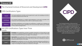 The Chartered Institute of Personnel and Development CIPD
CIPD Certifications Types
All CIPD Certifications Types have Three
Levels
The Chartered Institute of Personnel and
Development (CIPD) is a professional association for
human resource management professionals. It is
headquartered in Wimbledon, London, England. The
organization was founded in 1913 - it is the world's
oldest association in its field and has over 145,000
members internationally working across private,
public and voluntary sectors.
Award
The Award qualification provides you the opportunity to gain the knowledge and skills of
one specific professional area within HR.
Certificate
The Certificate qualification is a medium sized qualification. At this level, it provides a firm
introduction and understanding of HR or L&D in a wider business context.
Diploma
The Diploma qualifications are the largest size qualification. It enables you to develop your
skills of HR and L&D through undertaking more units and through widening your breadth
of HR and L&D knowledge further.
Level 3
Foundation level qualifications provide an excellent introduction to HR and L&D. As well
as providing a recognized professional qualification, they help you to acquire a wide range
of relevant, practical skills that you can apply in the workplace.
Level 5
Intermediate level qualifications offer you the opportunity to build your expertise in HR or
L&D. Set at undergraduate level (Level 5 RQF) they will help you to develop your ability to
evaluate the effectiveness of HR models.
Level 7
Advanced level qualifications are the most widely recognized professional qualifications in
the field of HR and L&D and are set at postgraduate level (Level 7 RQF). They will give you
a depth of knowledge that enables you to become an HR expert.
CIPD.co.ukWWW
6
General HR
 